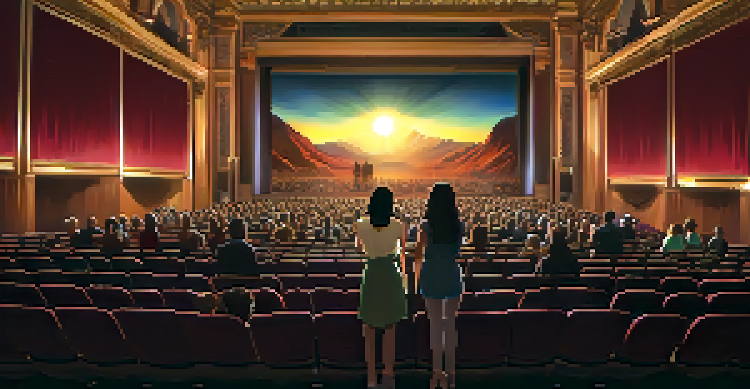A strong female lead standing confidently in front of a diverse audience in a theater, illuminated by warm lighting.