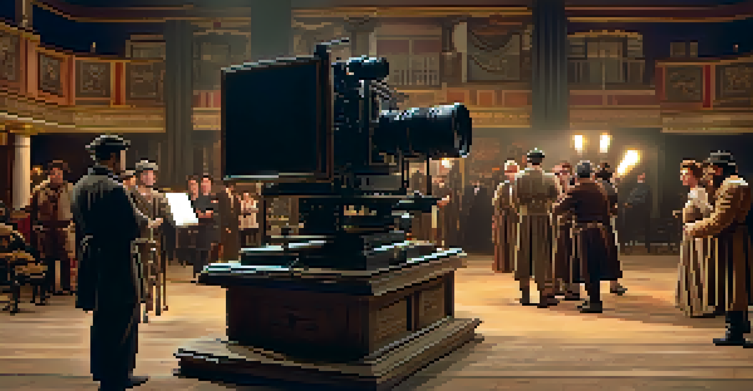 A film set with a director directing actors in historical costumes, illuminated by bright lights.