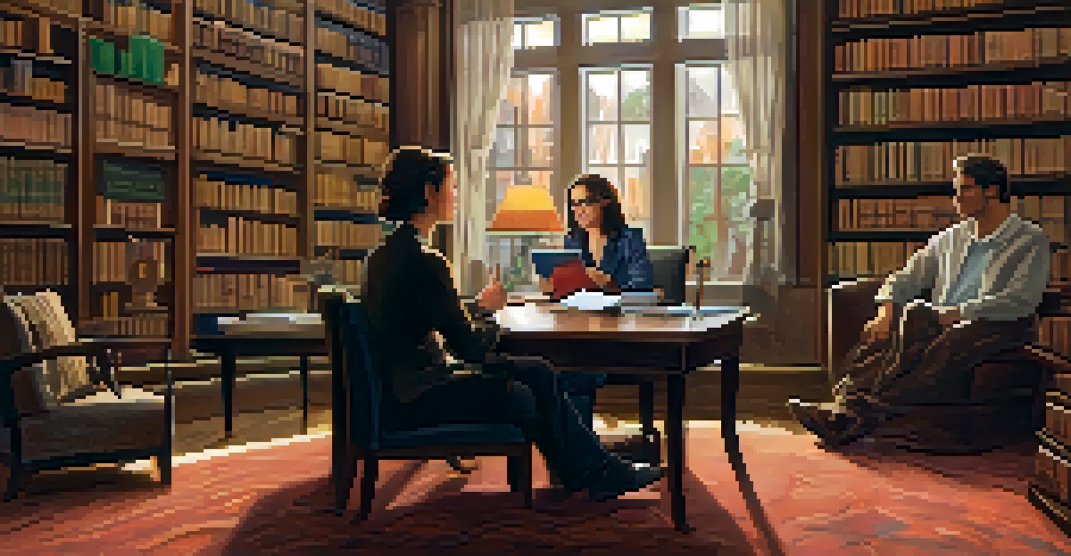 A publicist and a celebrity engaged in a friendly interview in a cozy setting with bookshelves in the background.