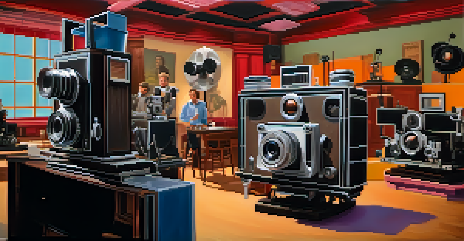 Actors rehearsing on a film set that combines traditional cameras and modern digital equipment, illuminated by soft lighting.