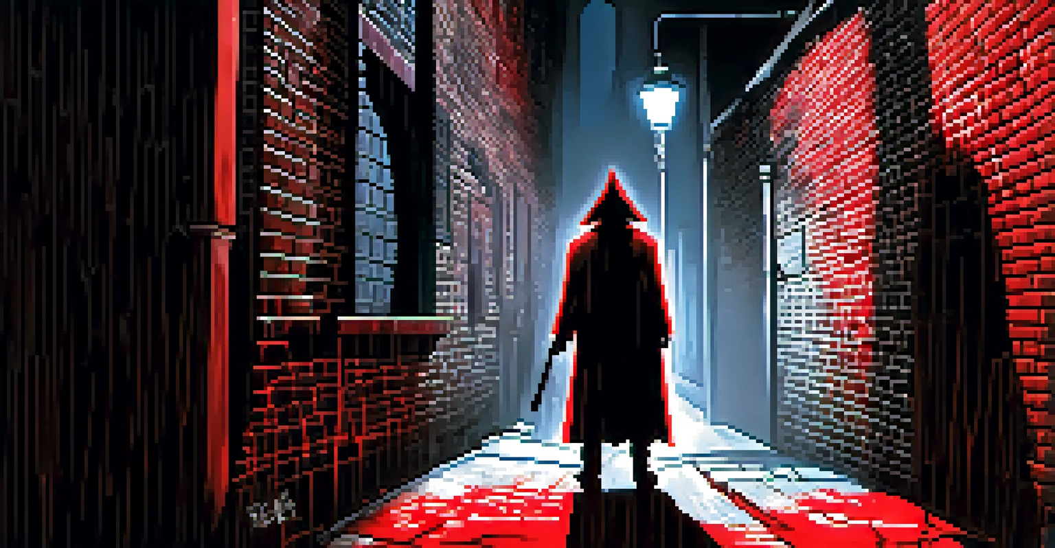 A shadowy figure in a deserted alley under a flickering streetlight, with old brick walls and graffiti in the background.