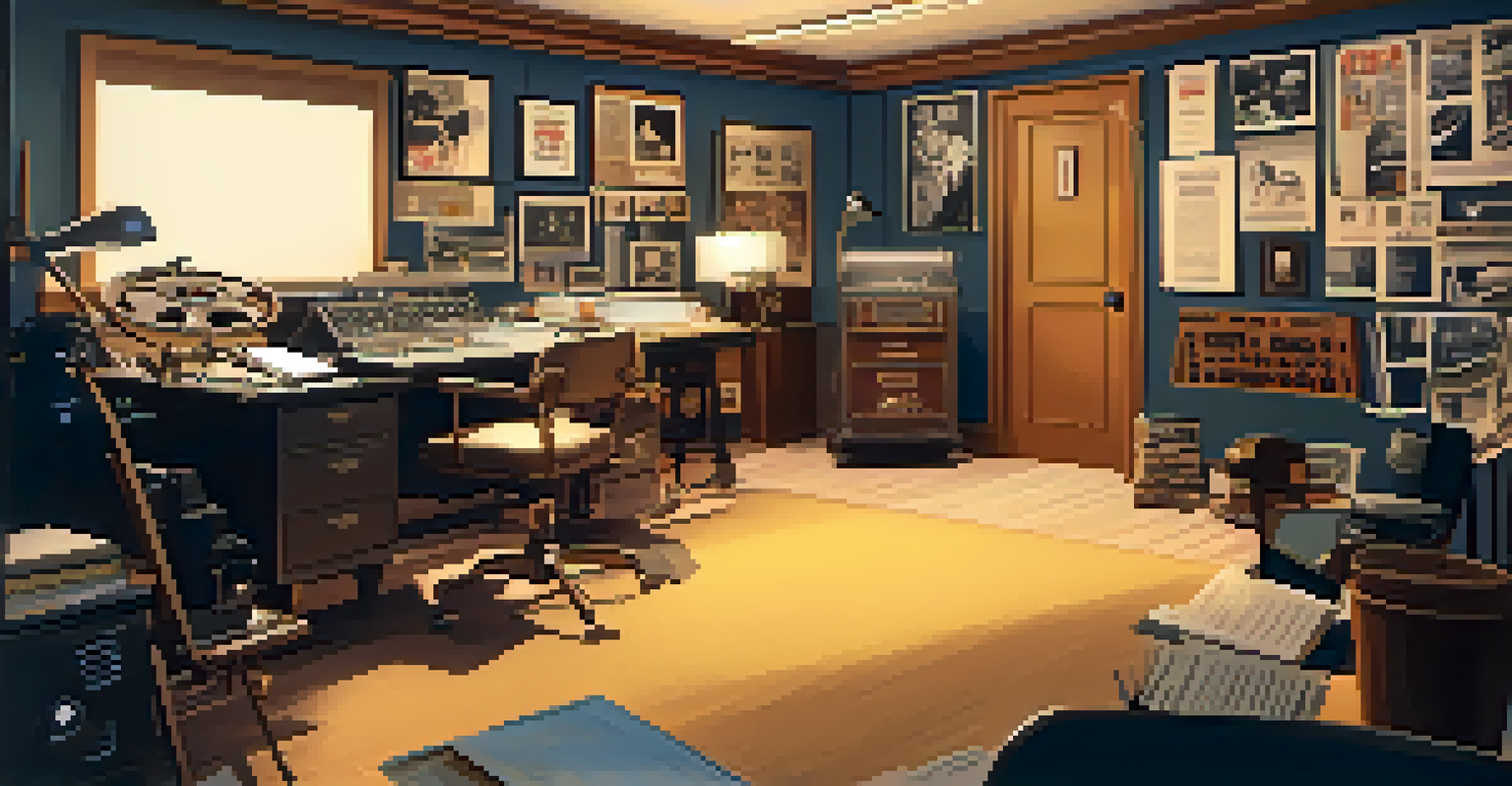 A vintage film editing room from the 1950s, filled with editing equipment and classic film posters, illuminated by warm lighting.
