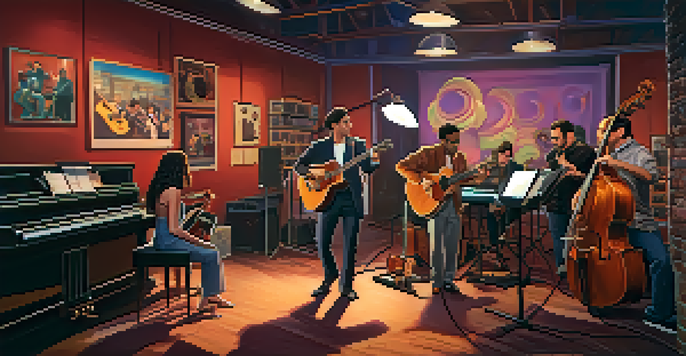 A lively film set featuring musicians collaborating on a soundtrack, with instruments and warm lighting.