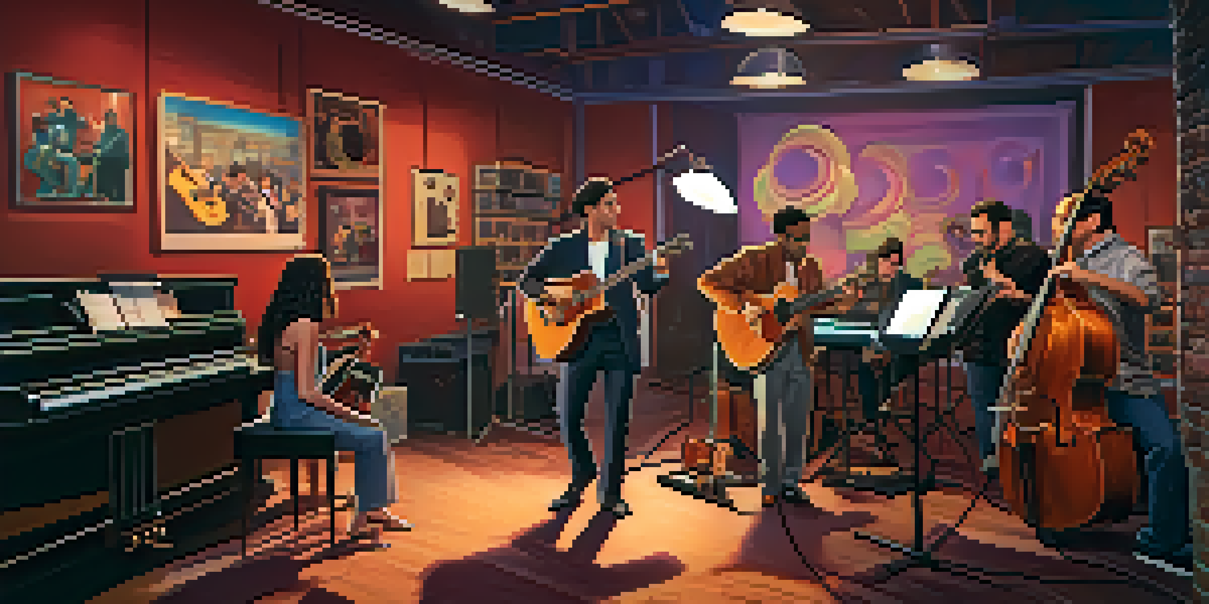 A lively film set featuring musicians collaborating on a soundtrack, with instruments and warm lighting.