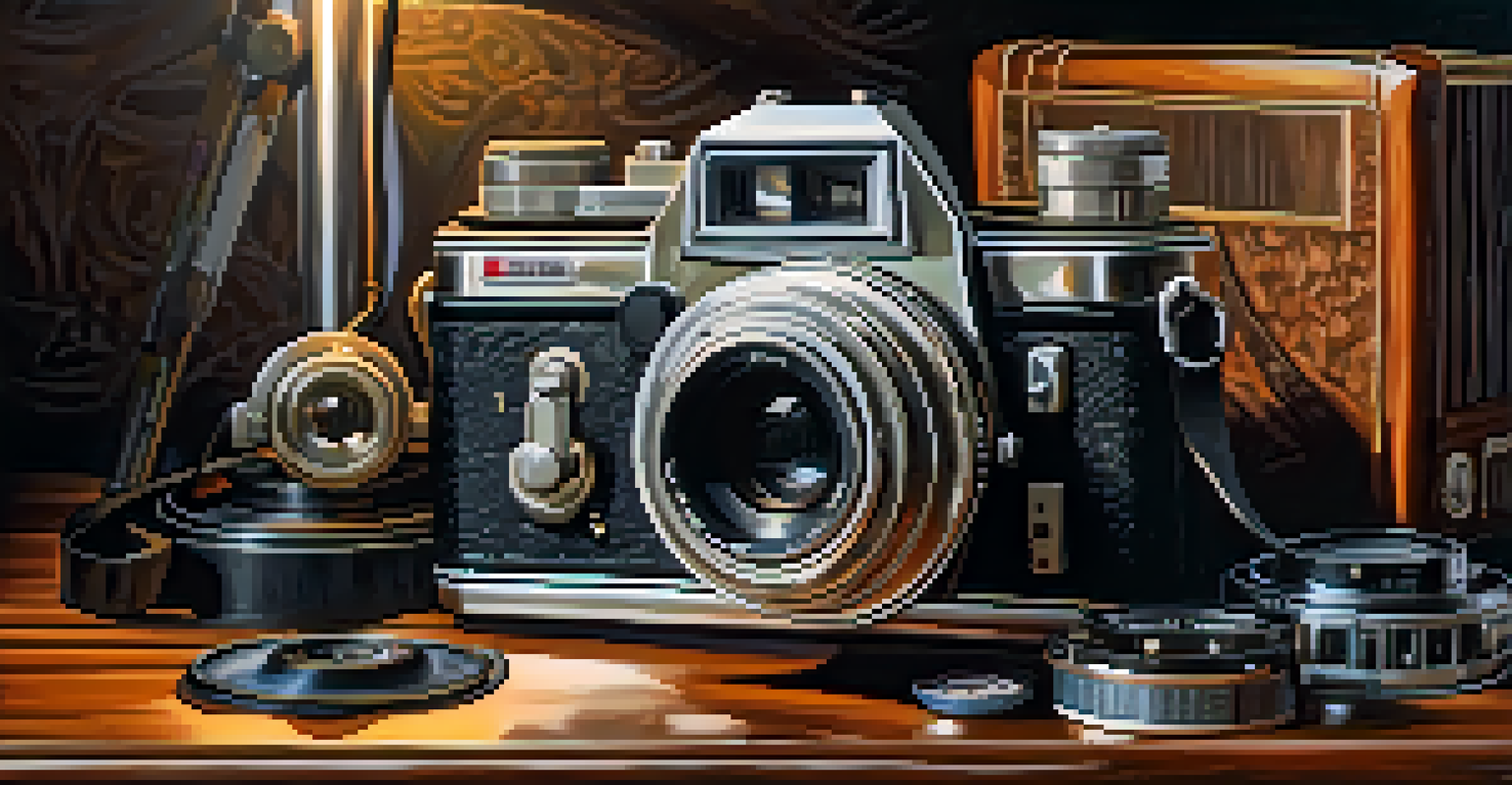 A close-up of a vintage film camera on a wooden table with film reels.