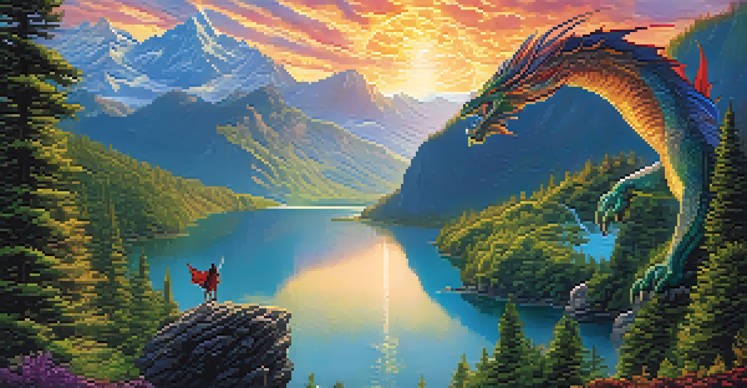 A fantasy landscape with mountains, a lake, and a dragon flying in a colorful sunset sky.