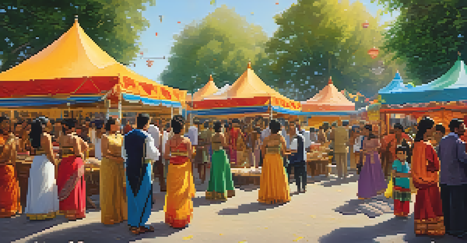 A bustling city park filled with diverse people enjoying a cultural festival with colorful tents and performers in traditional attire.