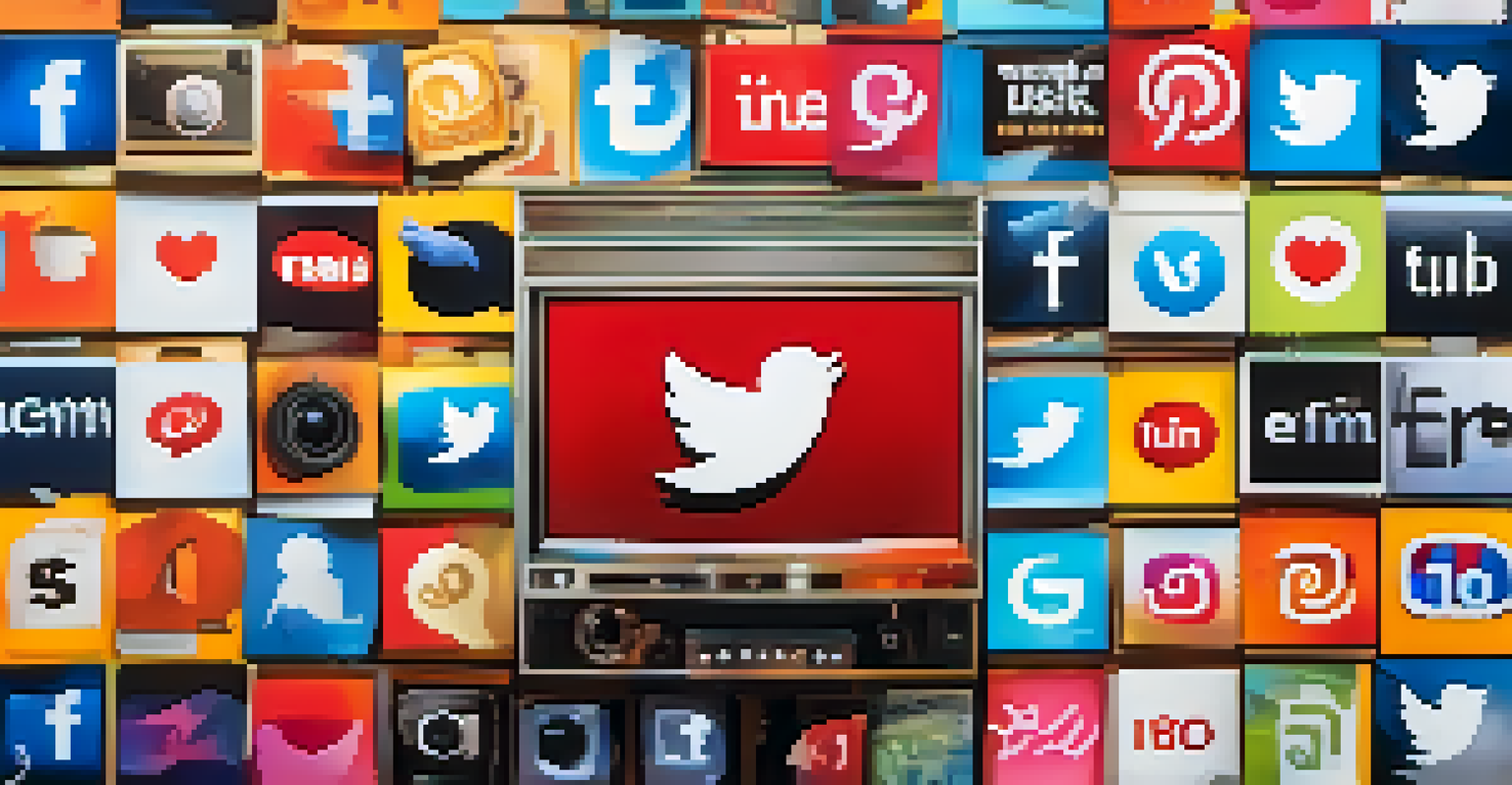 A colorful collage of social media icons and snippets from film trailers, illustrating the influence of social media on film marketing.