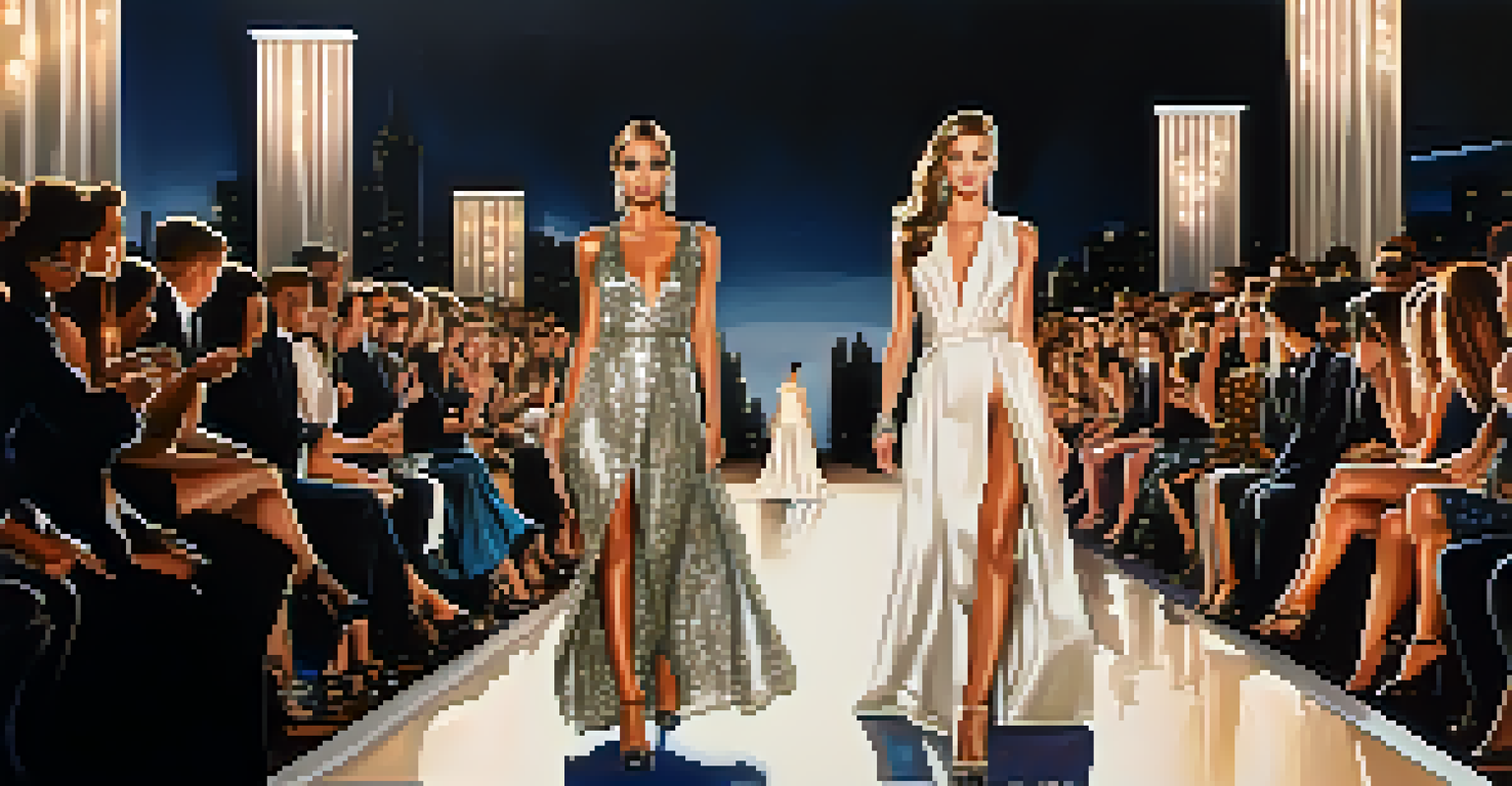 A glamorous fashion runway with models wearing outfits inspired by Hollywood characters, set against a vibrant skyline.