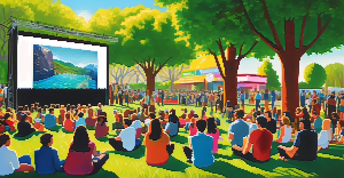 A lively outdoor film festival scene with filmmakers and audience members discussing environmental films under bright sunlight.