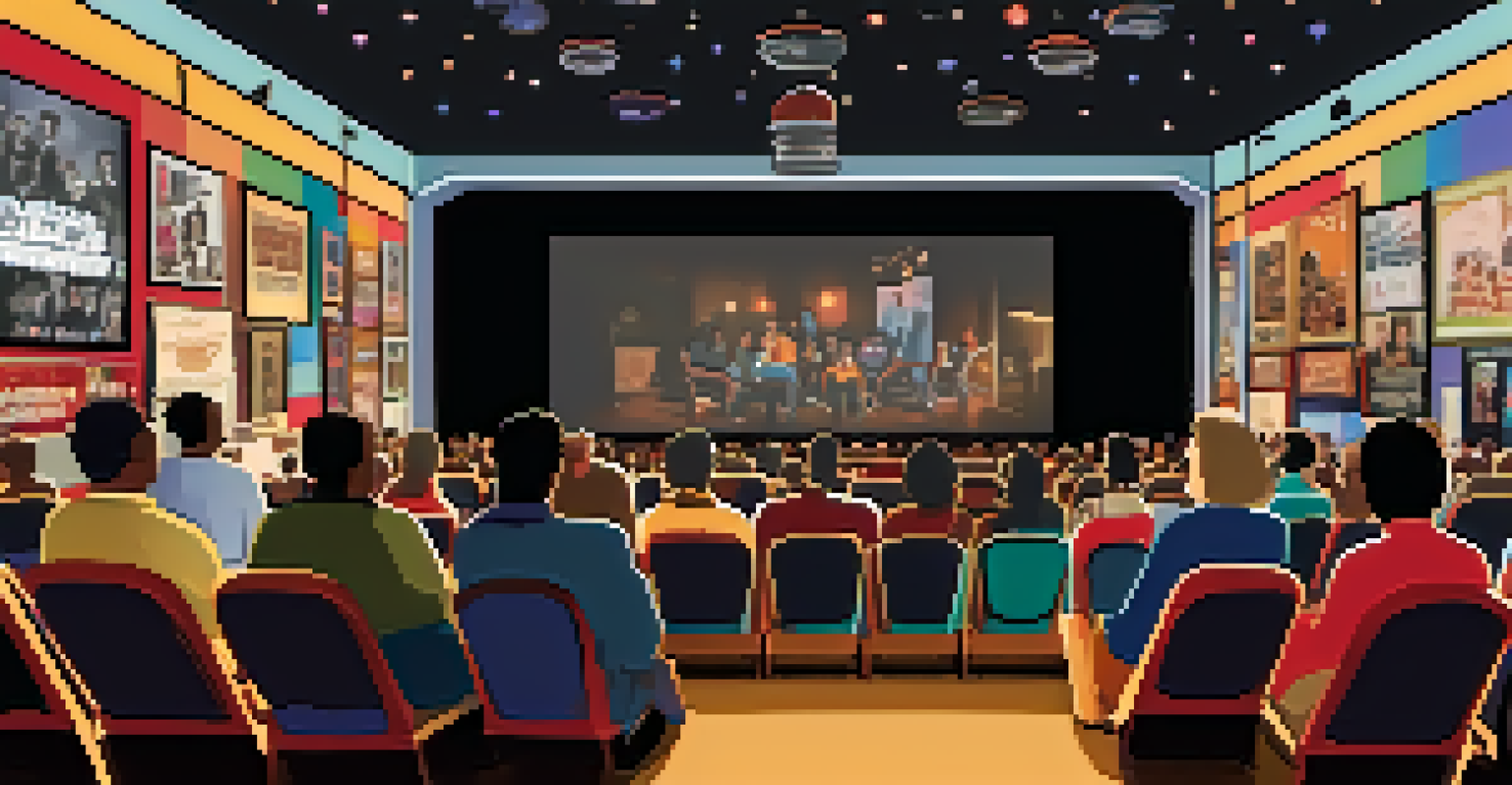 An independent cinema during a film festival, with a diverse audience and colorful film stills on the screen.