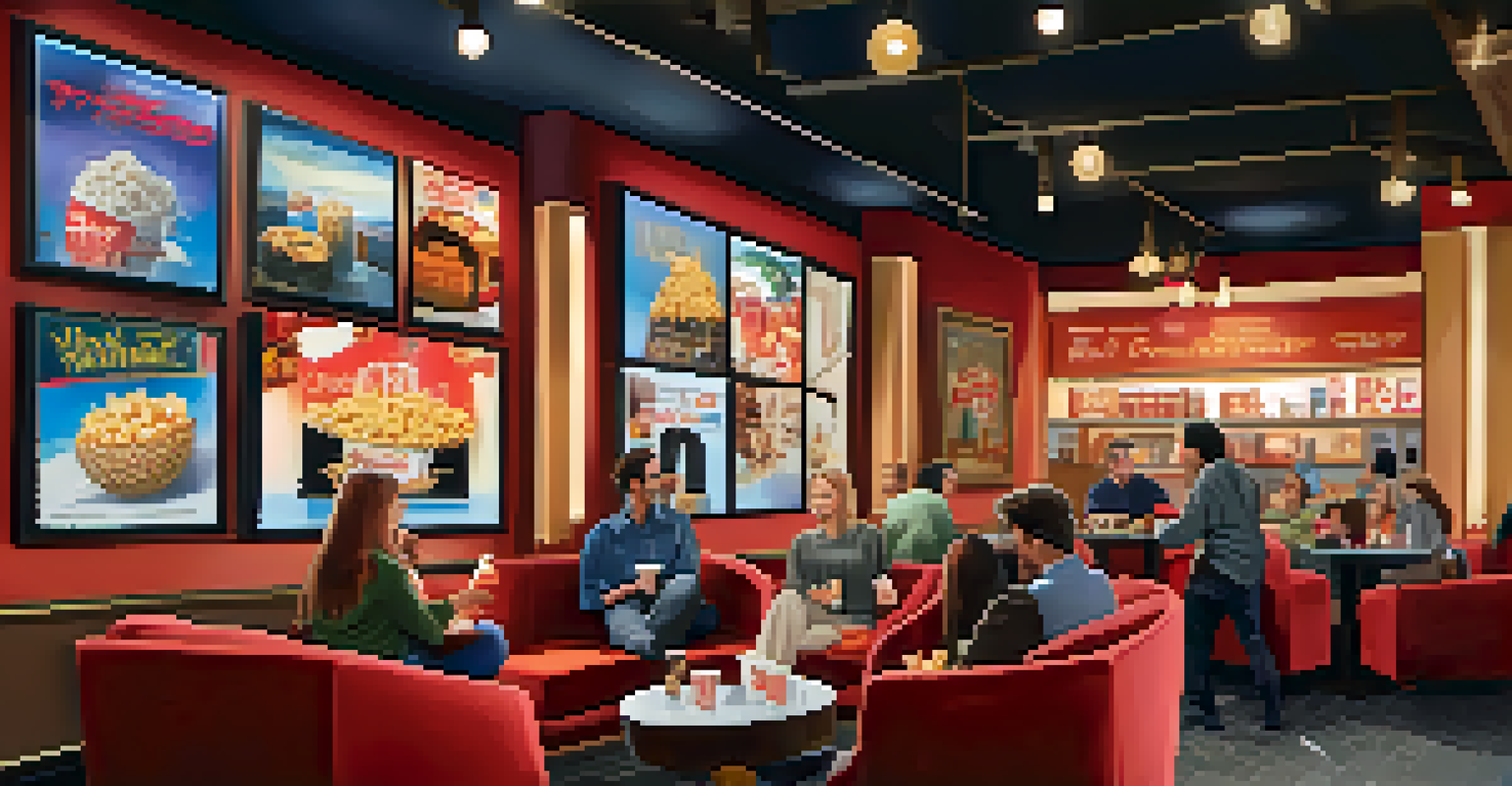 A cozy movie theater lobby with gourmet snacks and luxury seating, filled with patrons.