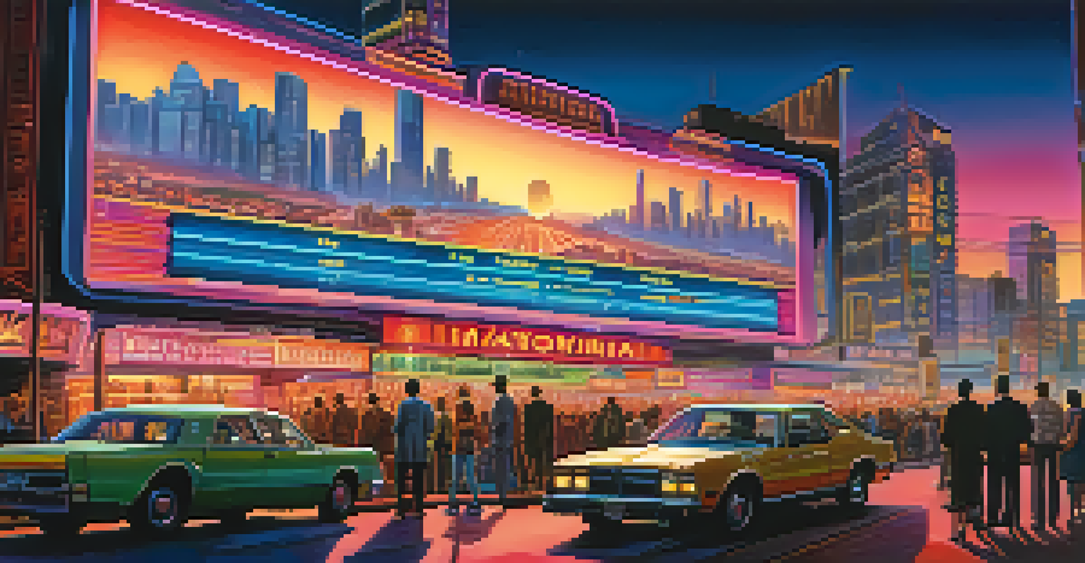 A futuristic city skyline with a cinema marquee showing international film titles and diverse crowds outside in a sunset-lit environment.