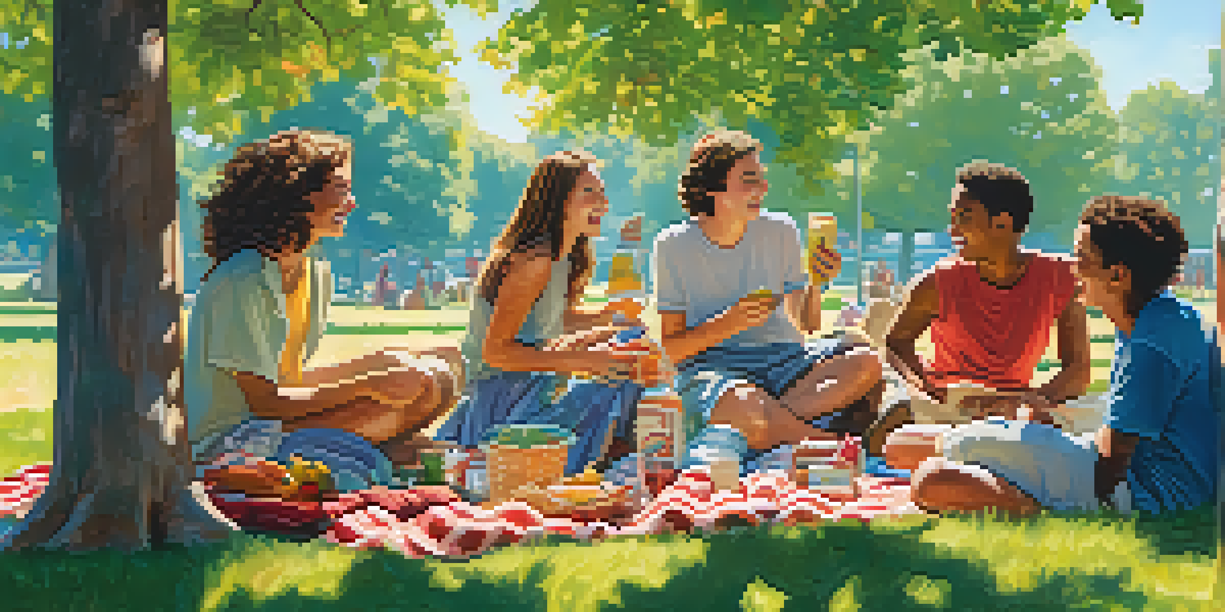 A lively picnic scene with young people in a park, surrounded by food and greenery, under a blue sky.