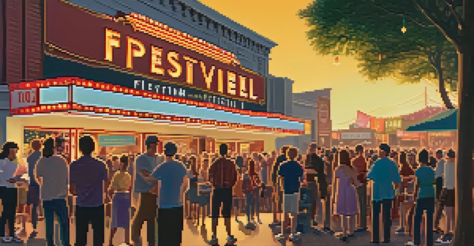 A vibrant film festival scene with diverse attendees outside a vintage theater, illuminated by string lights at sunset.