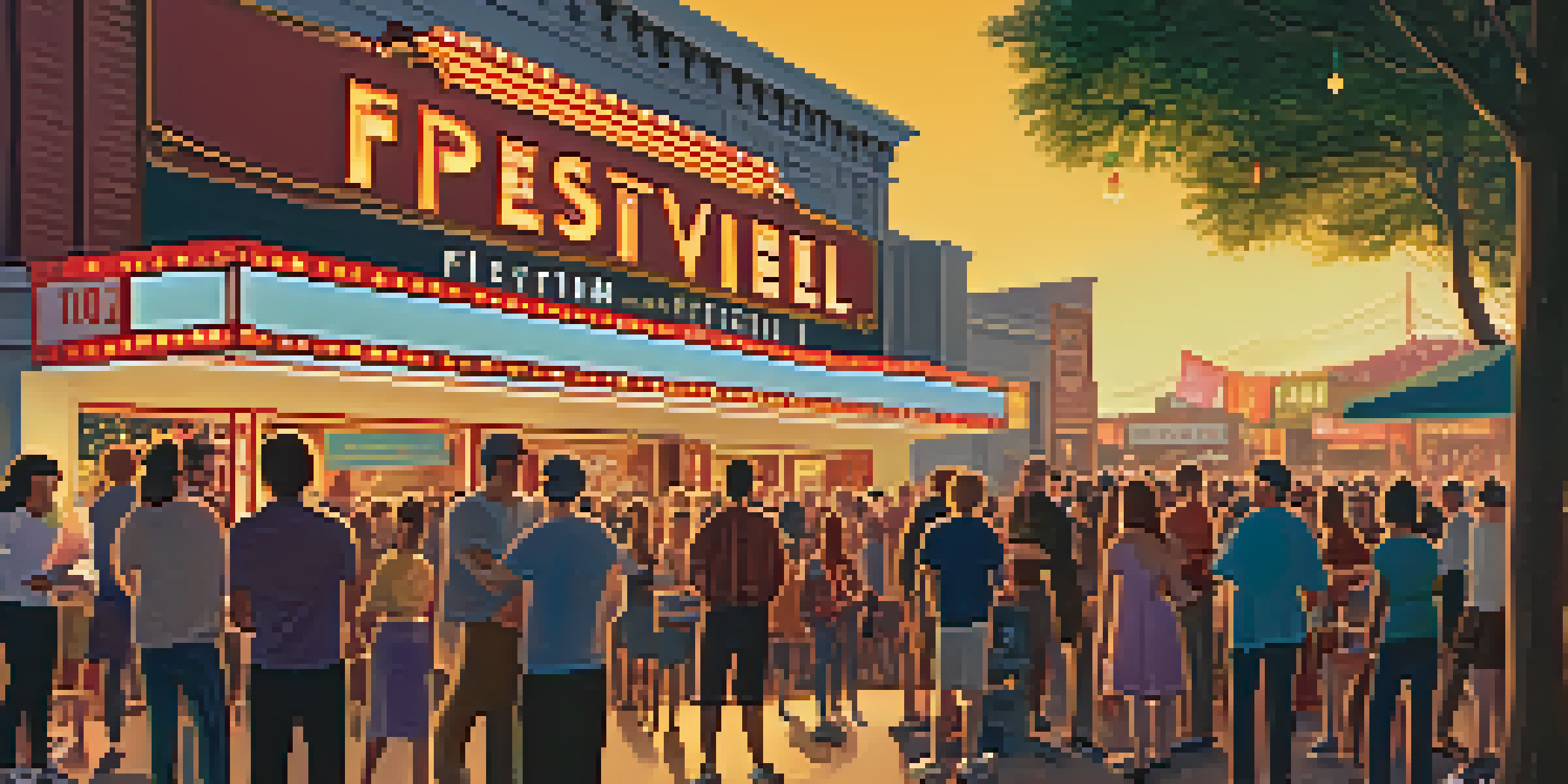 A vibrant film festival scene with diverse attendees outside a vintage theater, illuminated by string lights at sunset.