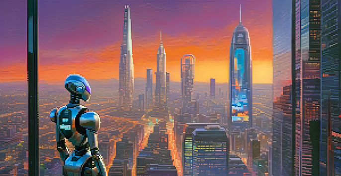A humanoid robot in a futuristic city at dusk, looking at the skyline with skyscrapers and holographic ads.
