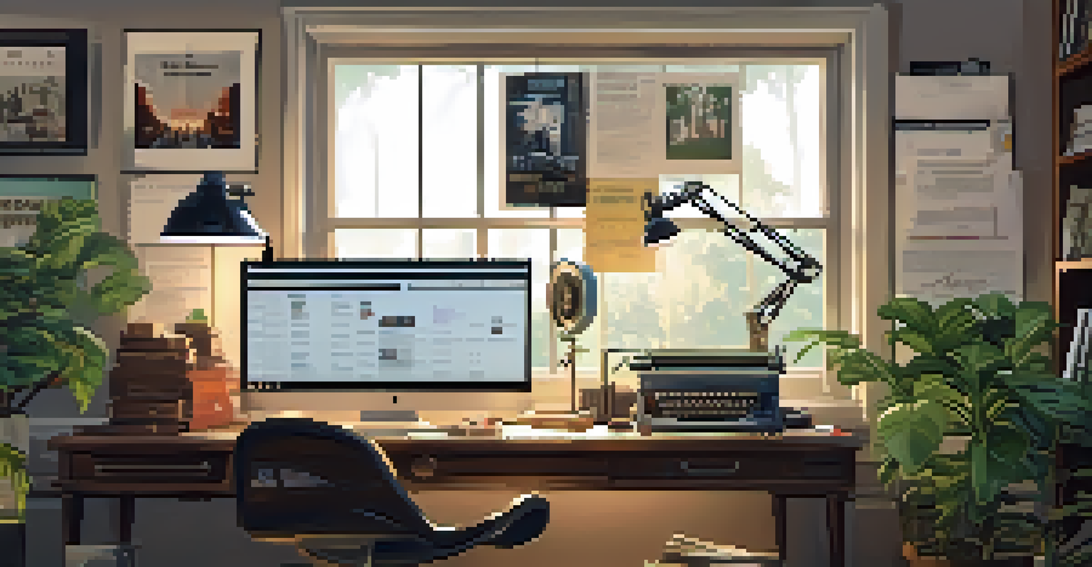 A creative workspace of an indie filmmaker with a desk full of scripts, a laptop, film equipment, and posters of classic indie films, filled with natural light.