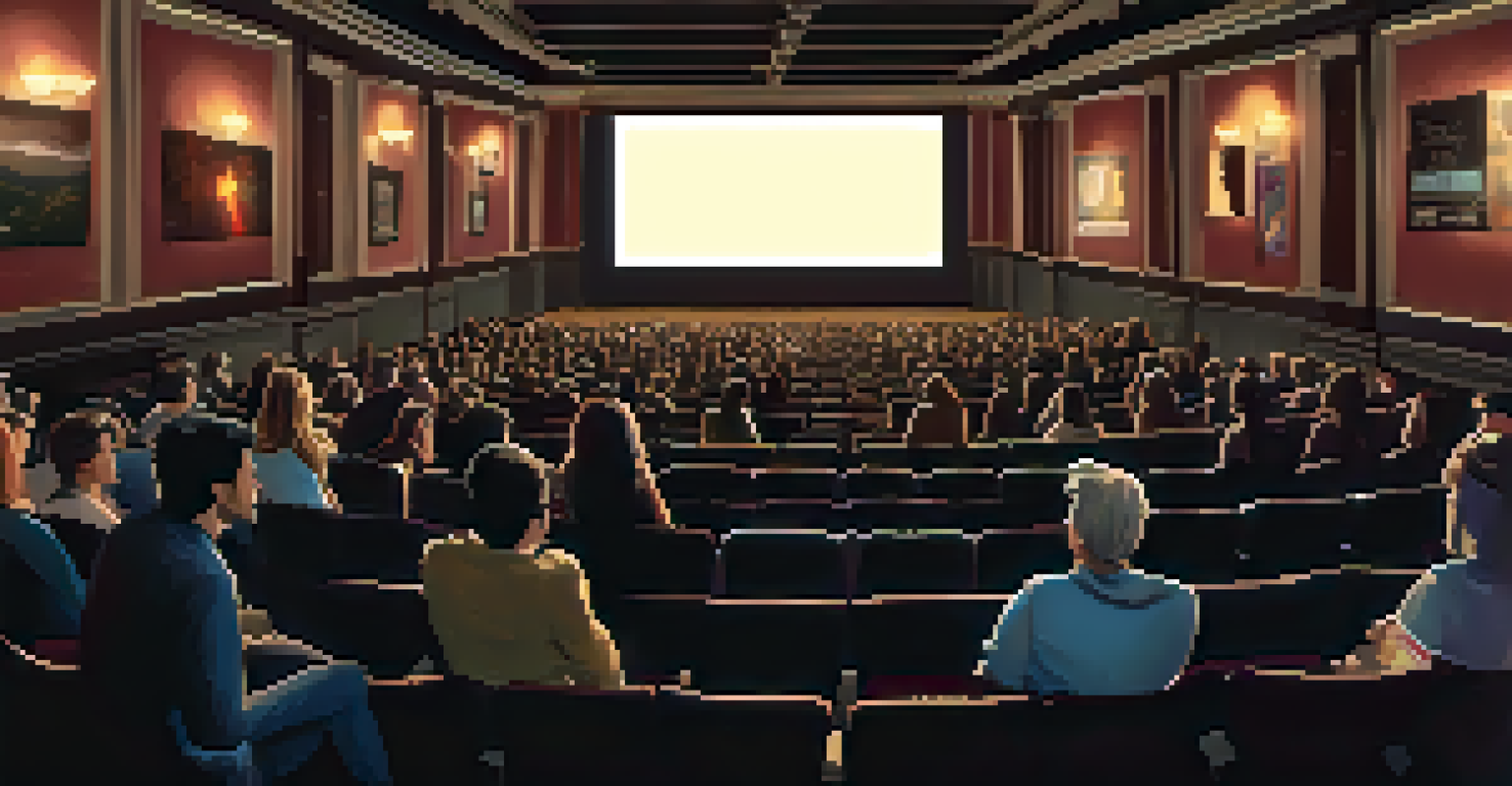 An audience in a cozy theater watching an indie film, expressing deep engagement, with indie film posters on the walls.