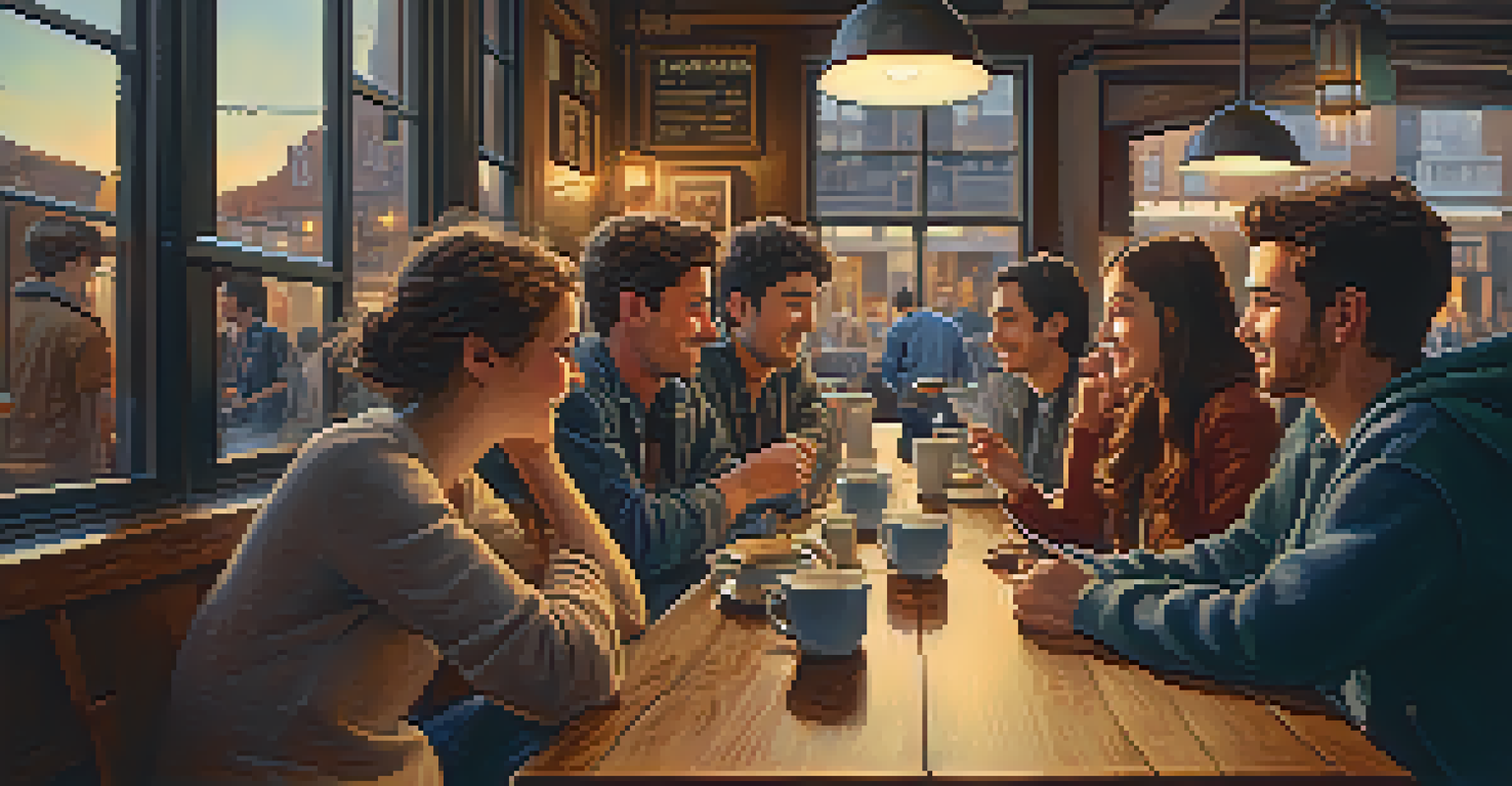 A group of young adults in a cafe, engaged in lively conversation, with warm lighting and a bustling street view outside.