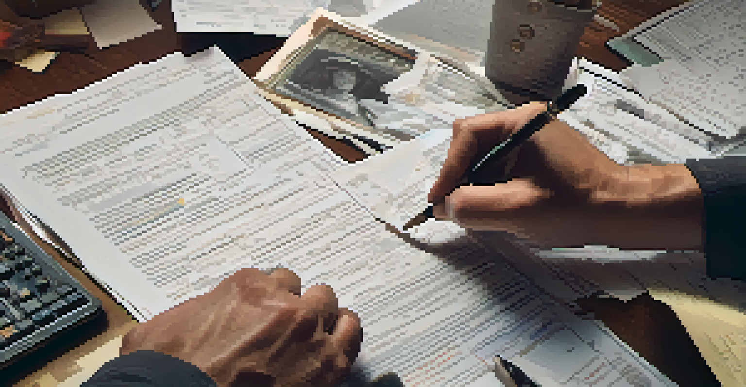 A casting director's hands sifting through headshots and resumes on a cluttered desk with audition videos on a tablet.