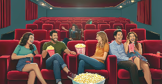 A group of friends enjoying a movie together in a cozy theater with plush red seats and a colorful animated film on screen.