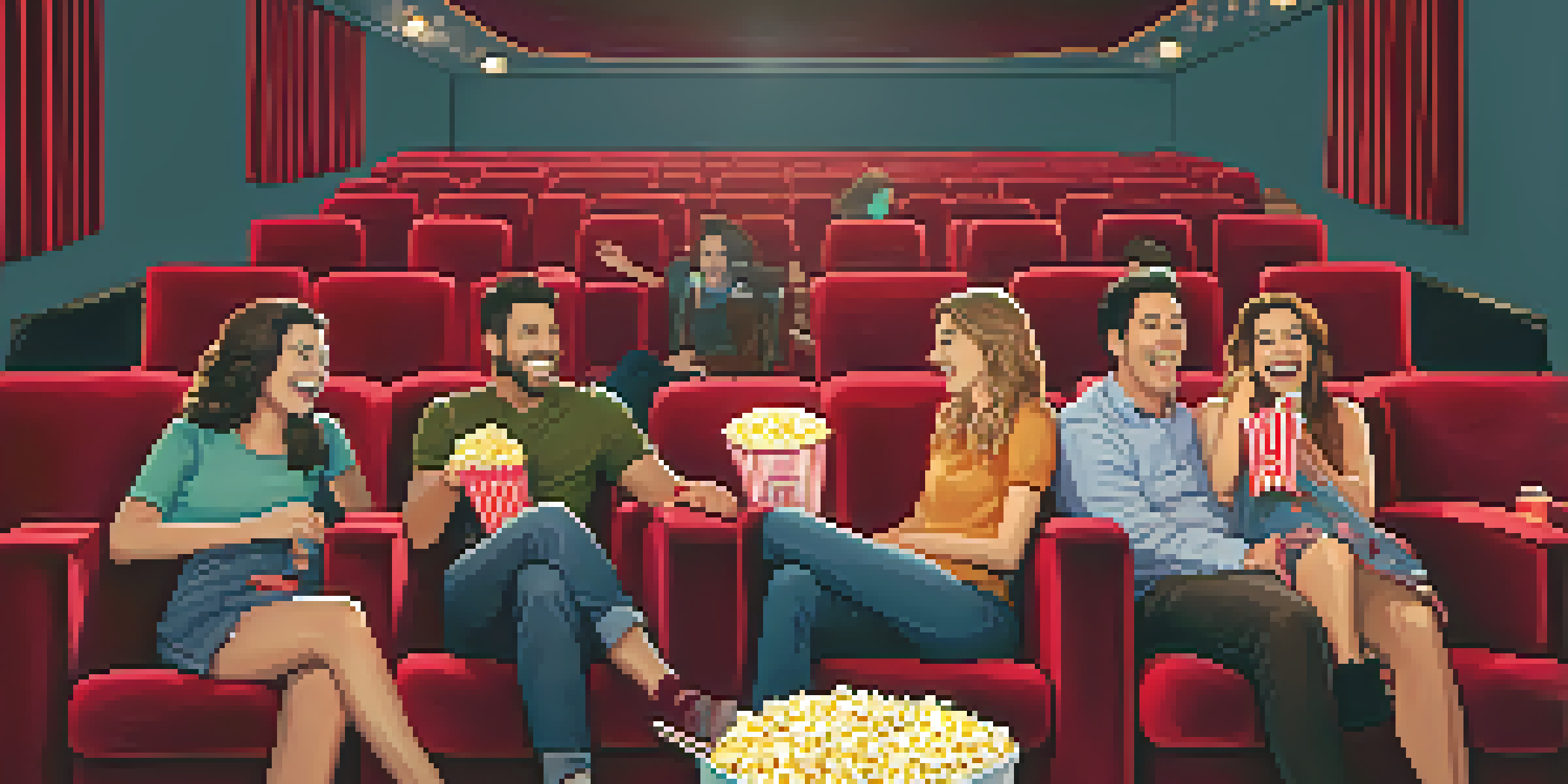 A group of friends enjoying a movie together in a cozy theater with plush red seats and a colorful animated film on screen.