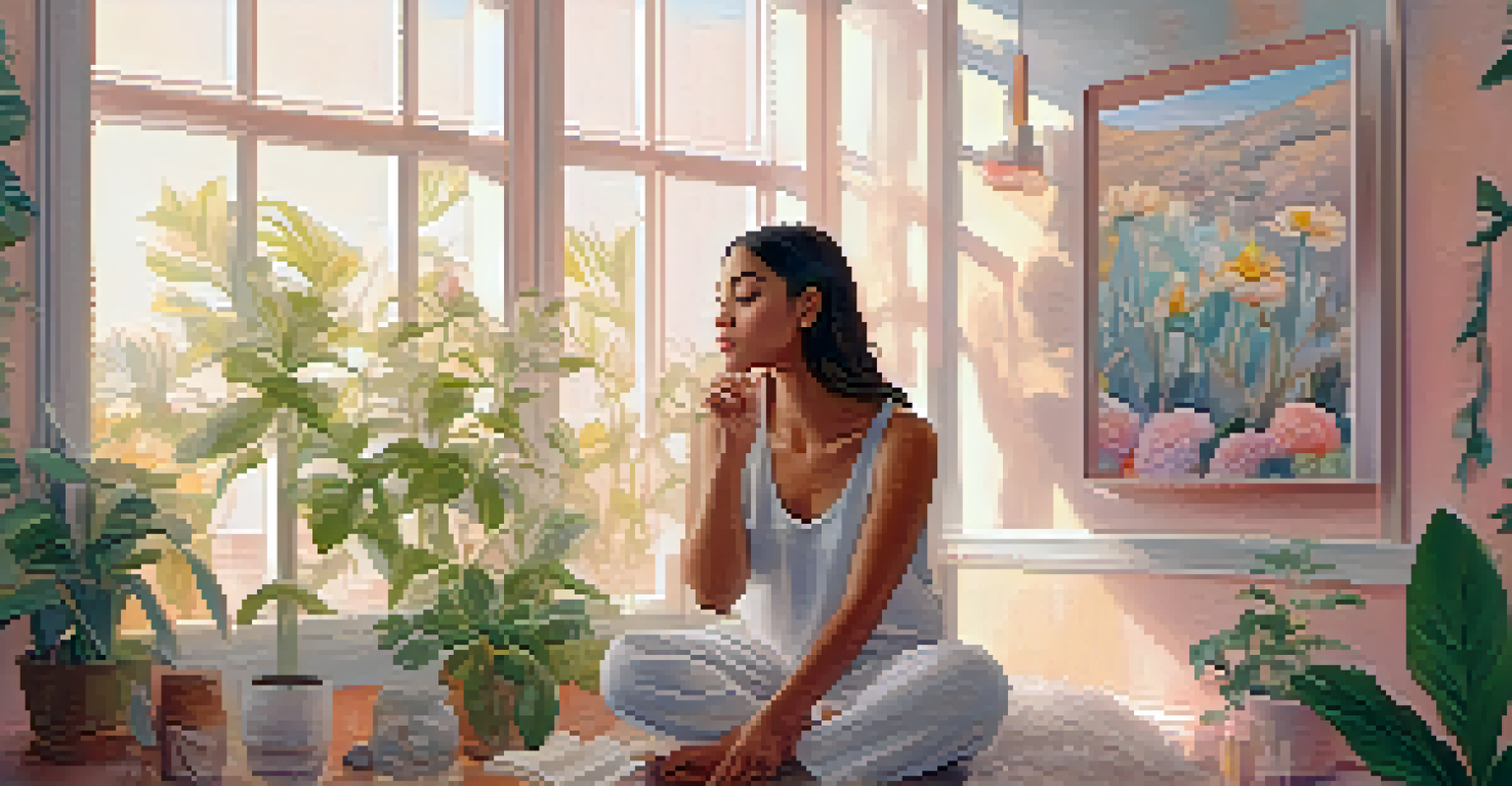 A woman practicing self-love in front of a mirror in a serene environment with pastel colors and plants, promoting a positive self-image.