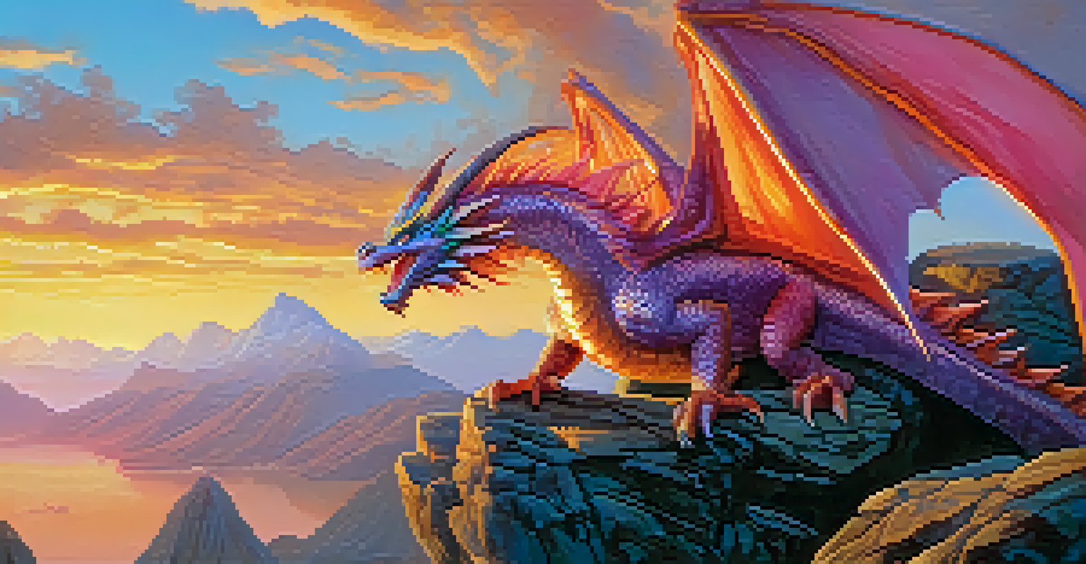 A close-up of a fantastical dragon on a rocky cliff, with iridescent scales and a fierce gaze, set against a sunset sky and a vast mountain landscape.