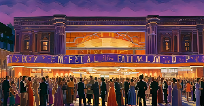 A lively film festival scene with diverse filmmakers and actors outside a grand theater during sunset, discussing films and taking photographs.