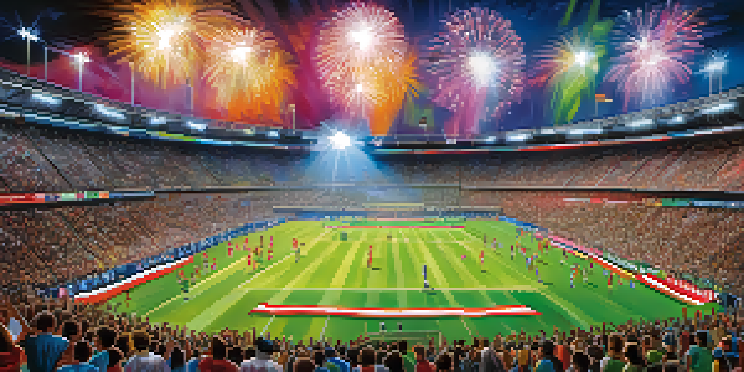 A lively stadium filled with diverse fans celebrating a global sports event, with a celebrity engaging with the crowd and athletes in action.