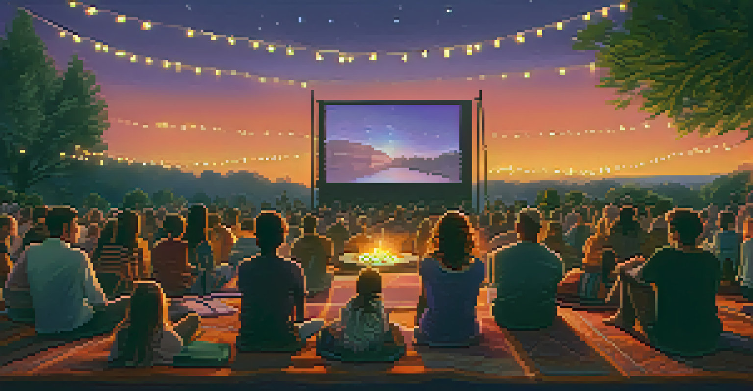 An outdoor cinema at sunset with a diverse audience watching a film under fairy lights, creating a cozy atmosphere.
