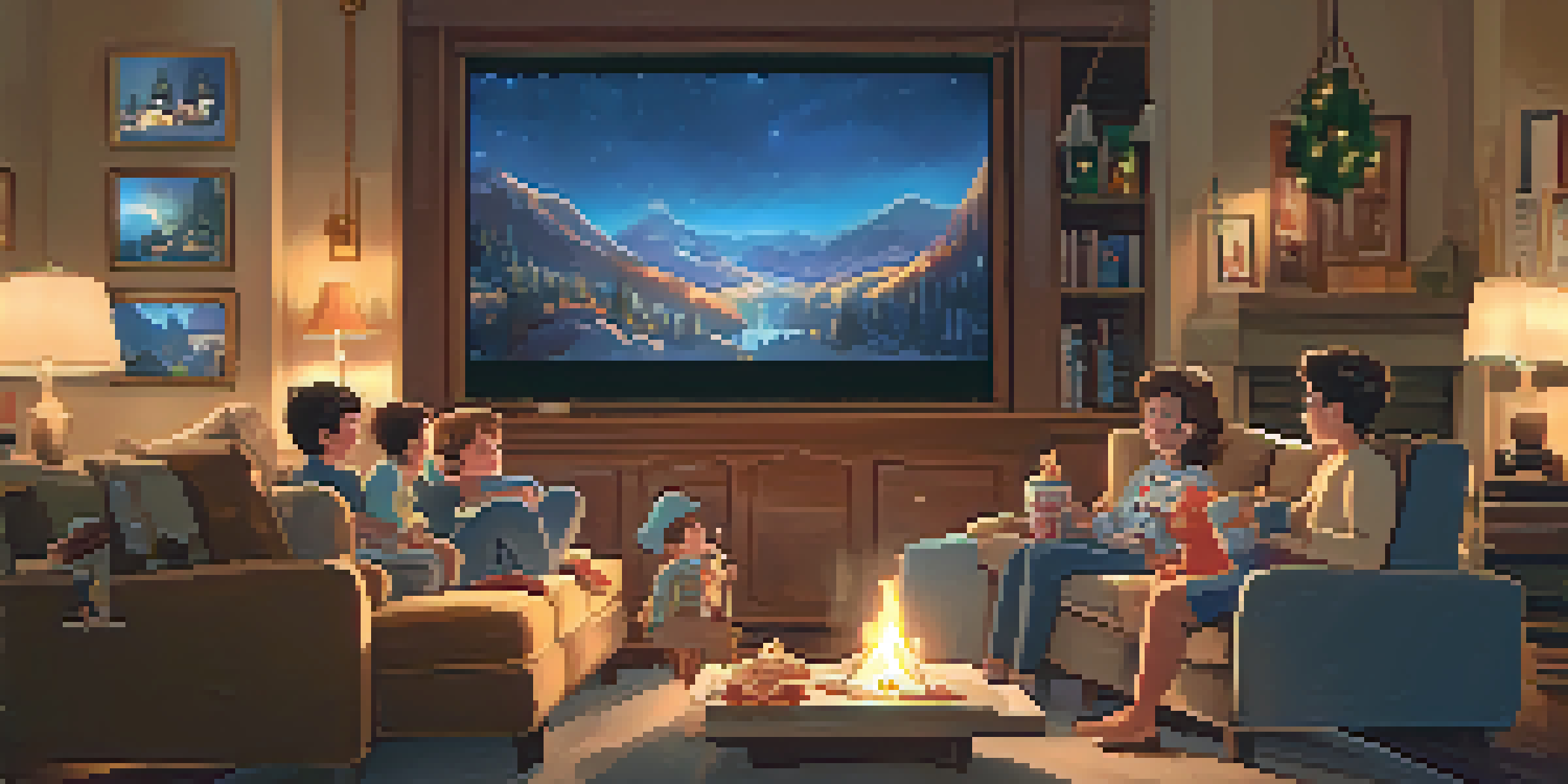 A family of four enjoying a movie night in a cozy living room, with soft lighting and a warm fireplace.