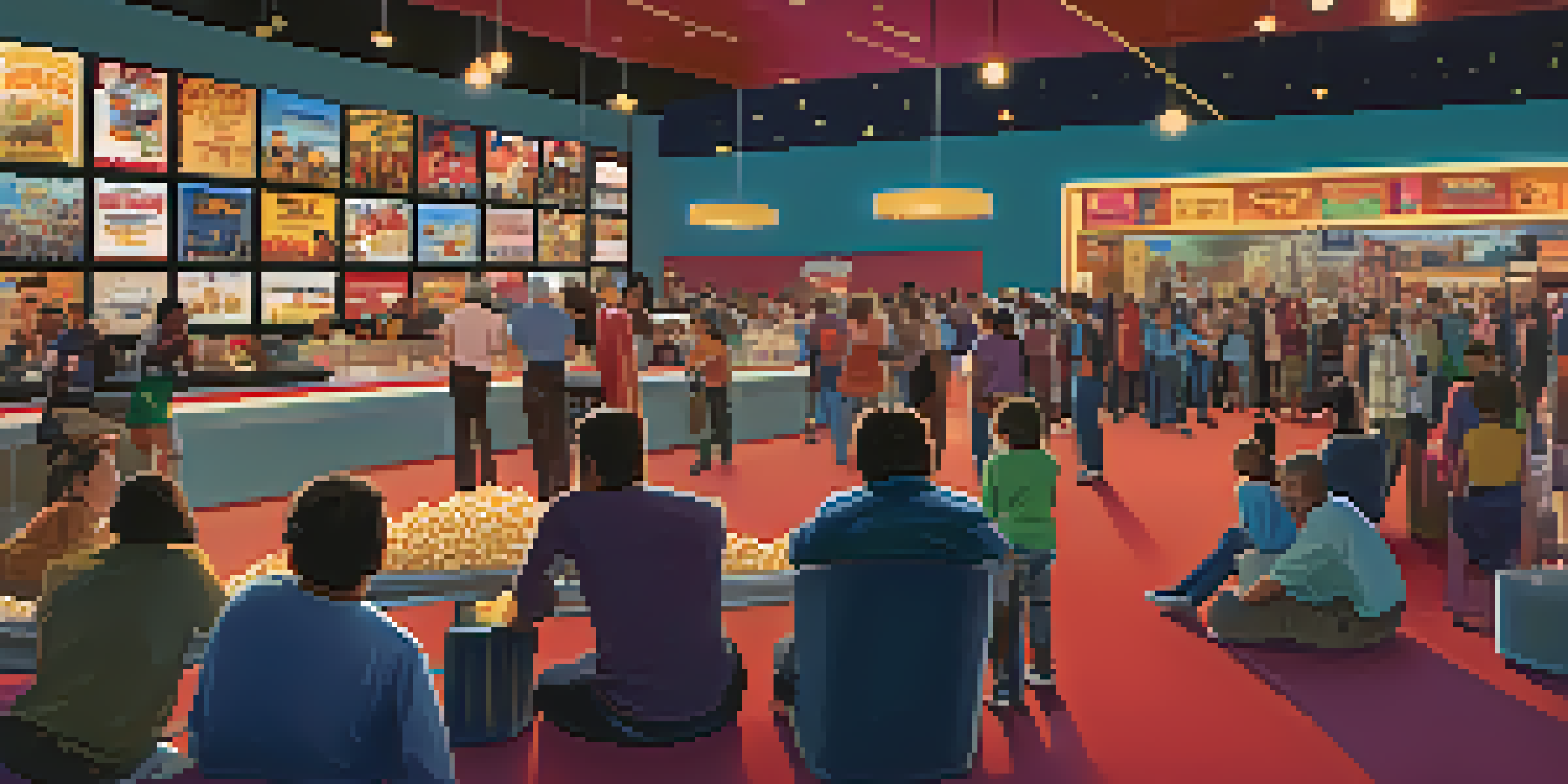 A busy movie theater lobby with diverse people waiting for a film, colorful posters on the walls, and snack counters visible.