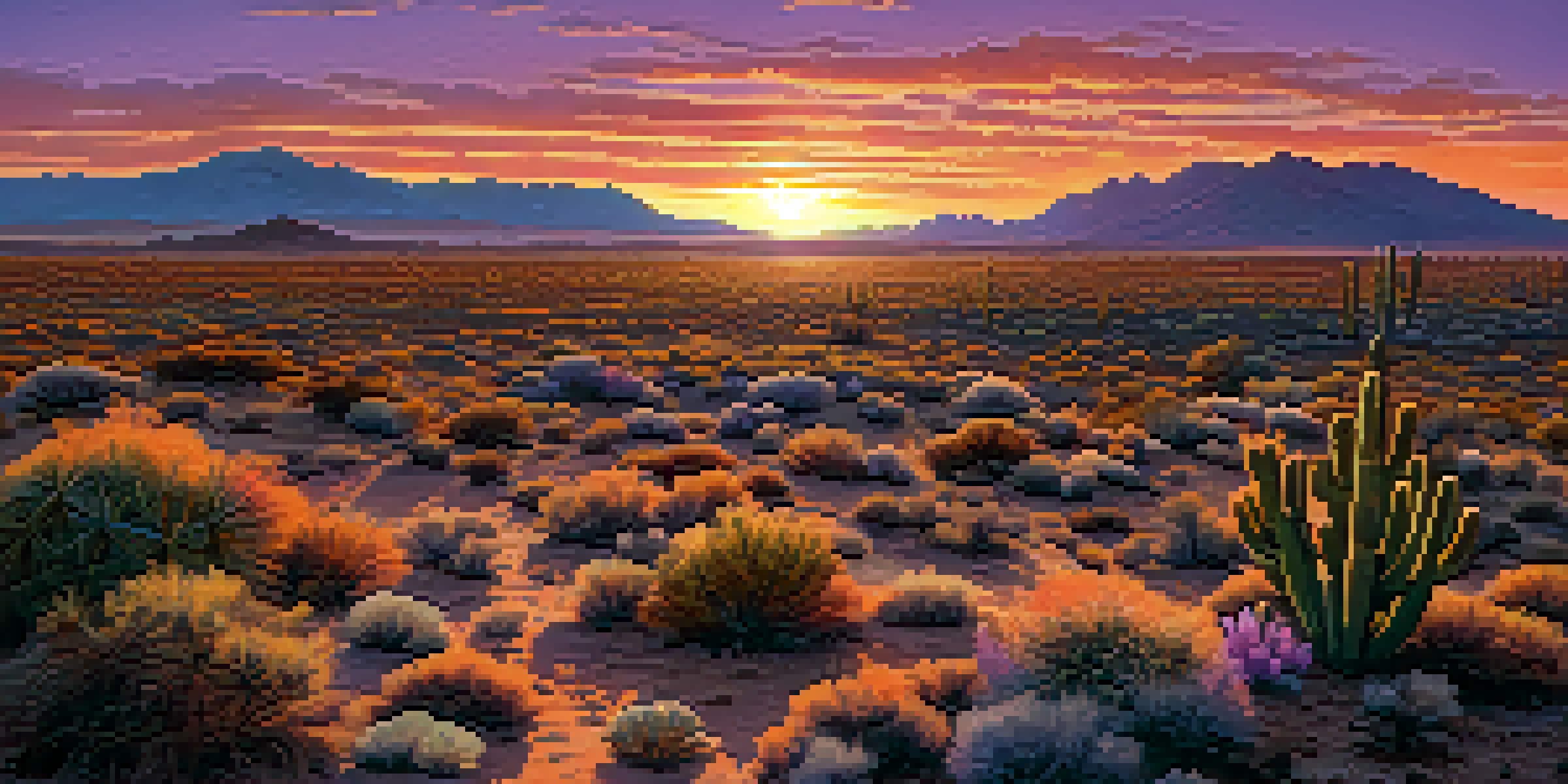 A sunset over a rugged landscape with a cowboy silhouette and cacti.
