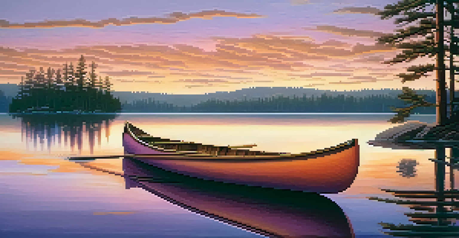 A peaceful sunset landscape with a lake, pine trees, and a wooden canoe floating on the water.