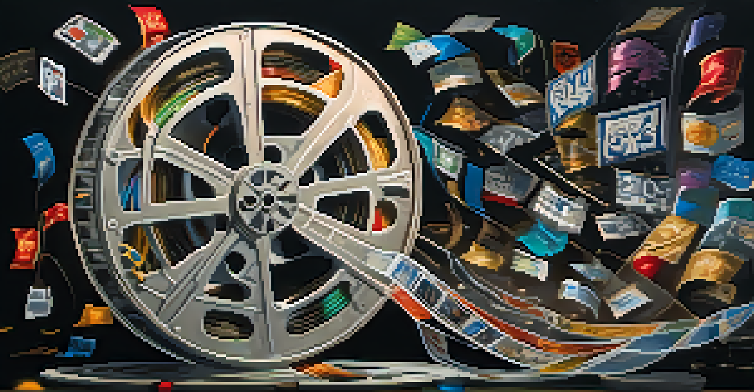 An artistic film reel unspooling with scenes from multilingual films, highlighted by cultural symbols and glowing lights.