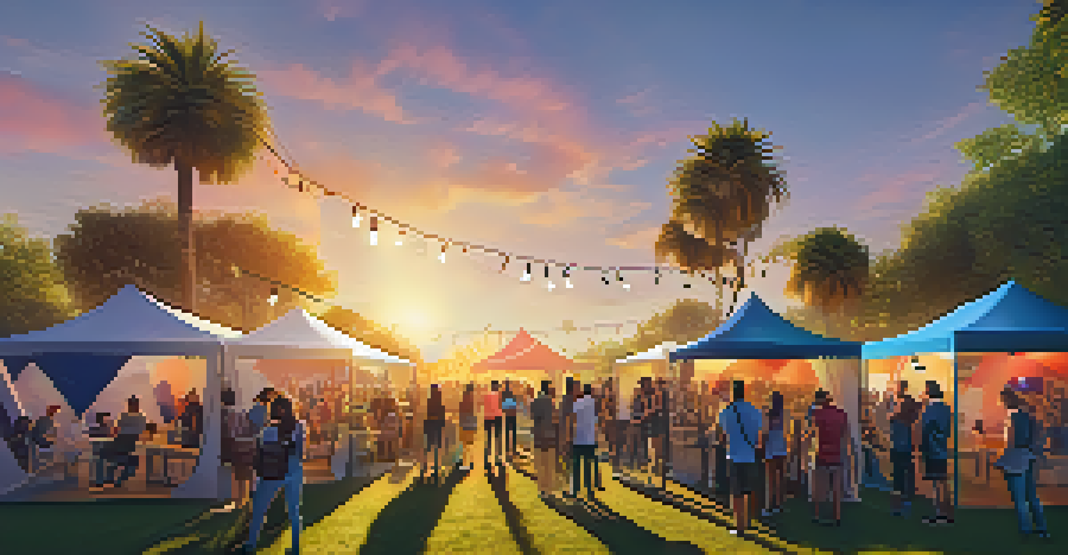 An outdoor film festival scene with attendees engaging in immersive VR experiences and colorful tents.