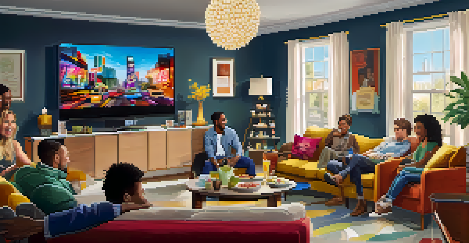 A group of friends gathered in a living room watching an award show on television, surrounded by snacks and decorations.