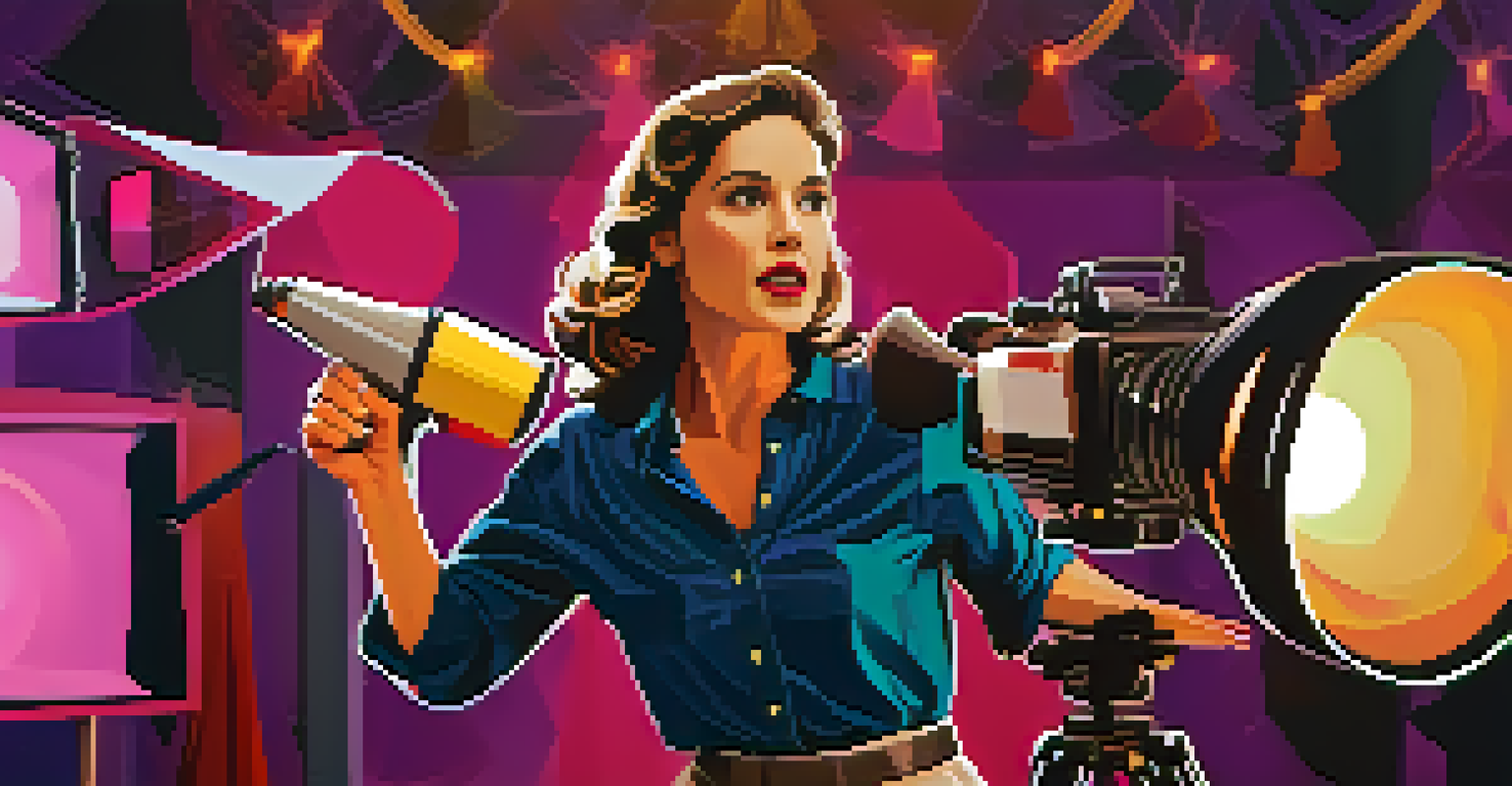 A female director on set, confidently directing her crew with a megaphone, surrounded by colorful film set decorations.
