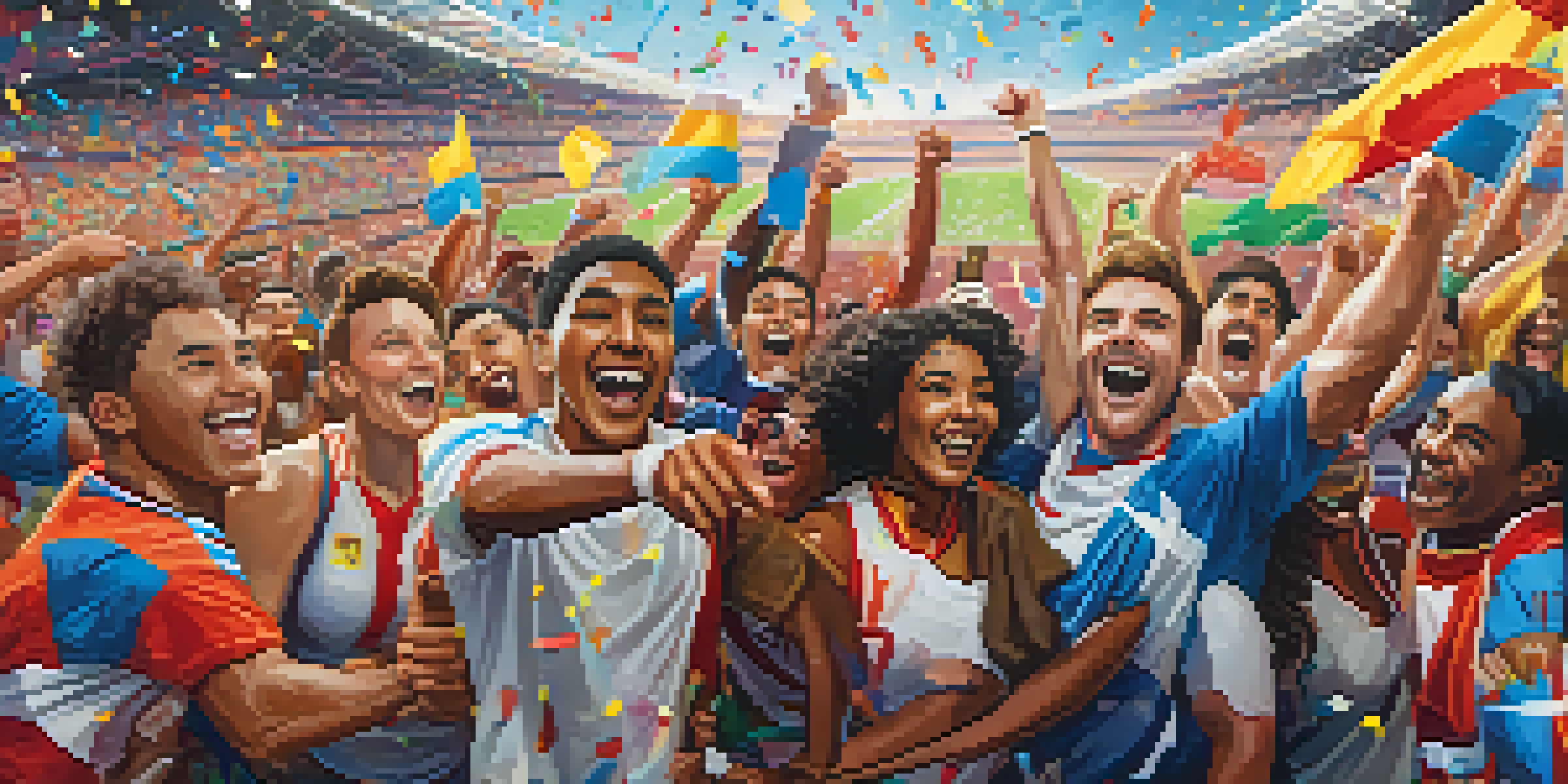 A diverse group of athletes celebrating a victory on a colorful field, with confetti and bright stadium lights, surrounded by enthusiastic fans.
