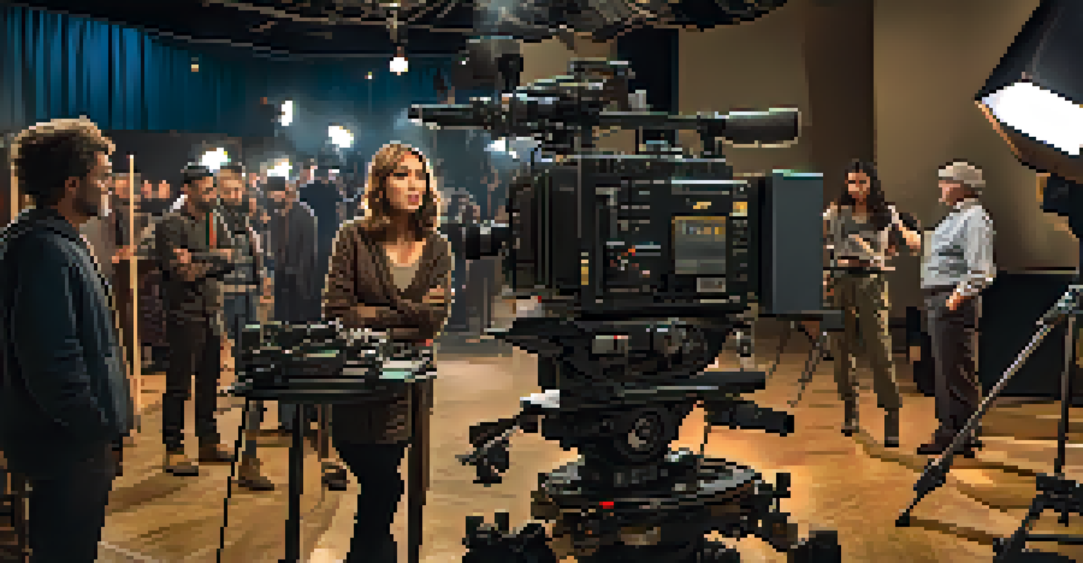 A filmmaker on set, surrounded by crew and filming equipment, reviewing a script.