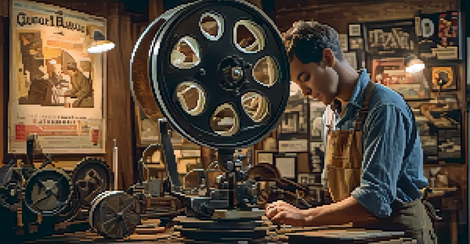 A vintage film restoration workshop with a technician examining a classic film reel, surrounded by old movie posters and restoration tools.