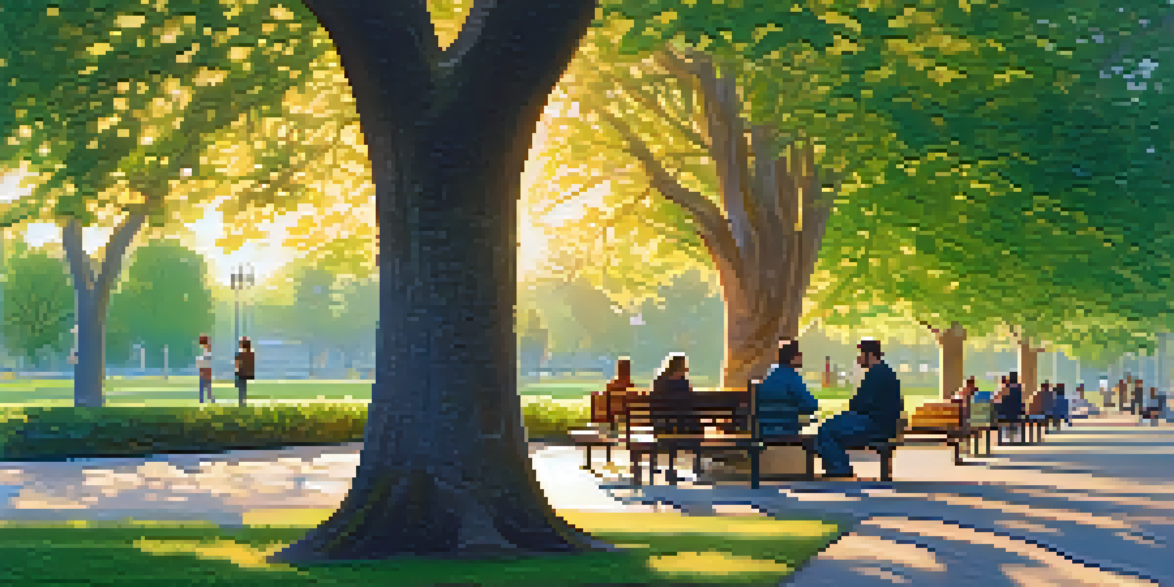 A diverse group of people sitting in a park, engaged in conversations about mental health under the warm golden hour light.