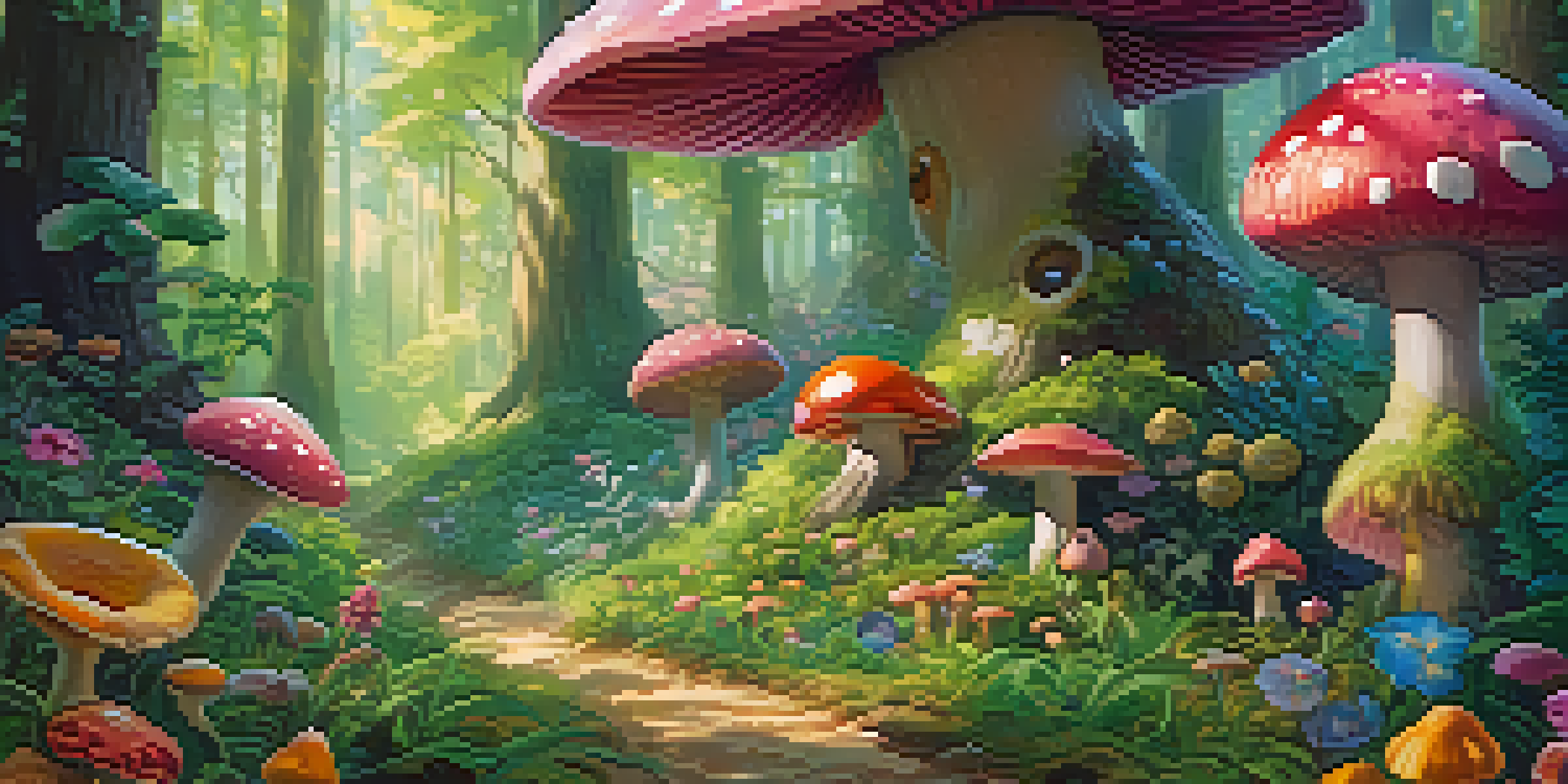 A whimsical animated character with large eyes smiles in a vibrant forest filled with colorful flowers and mushrooms, under bright sunlight.