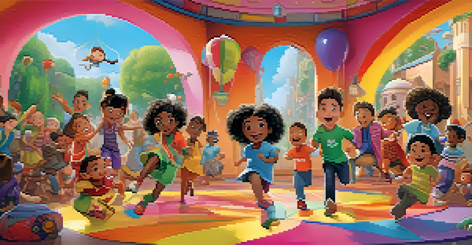 A lively and colorful scene featuring animated characters from various cultures, showcasing inclusivity and joy in a children's film setting.
