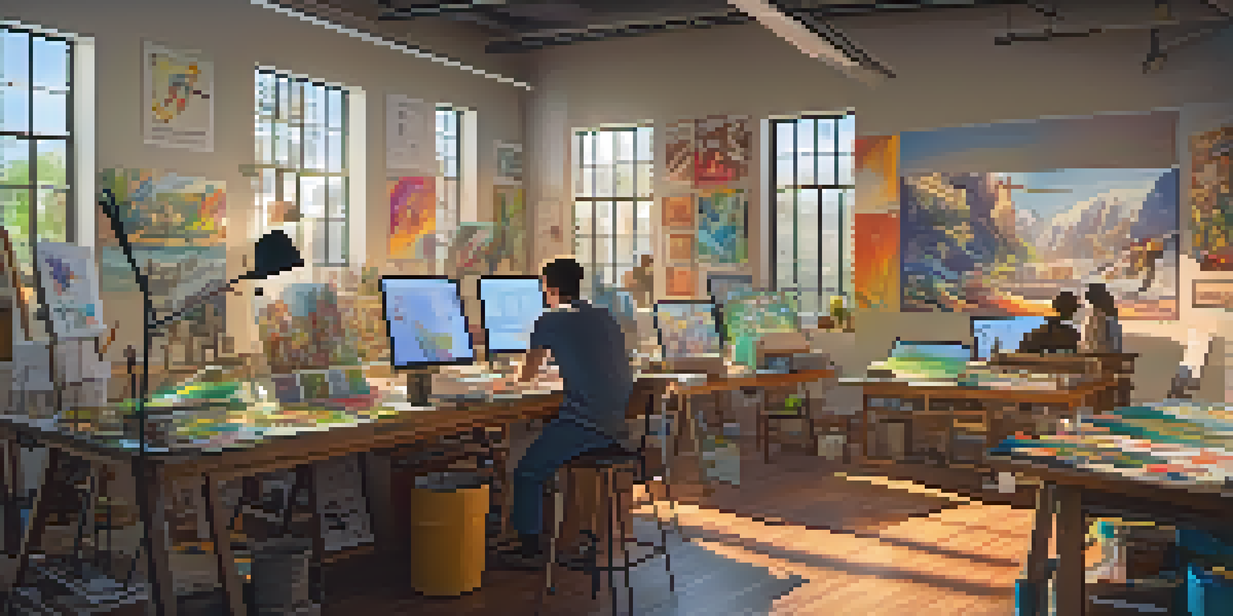 An animation studio with artists creating storyboards and character designs, filled with art supplies and sunlight.