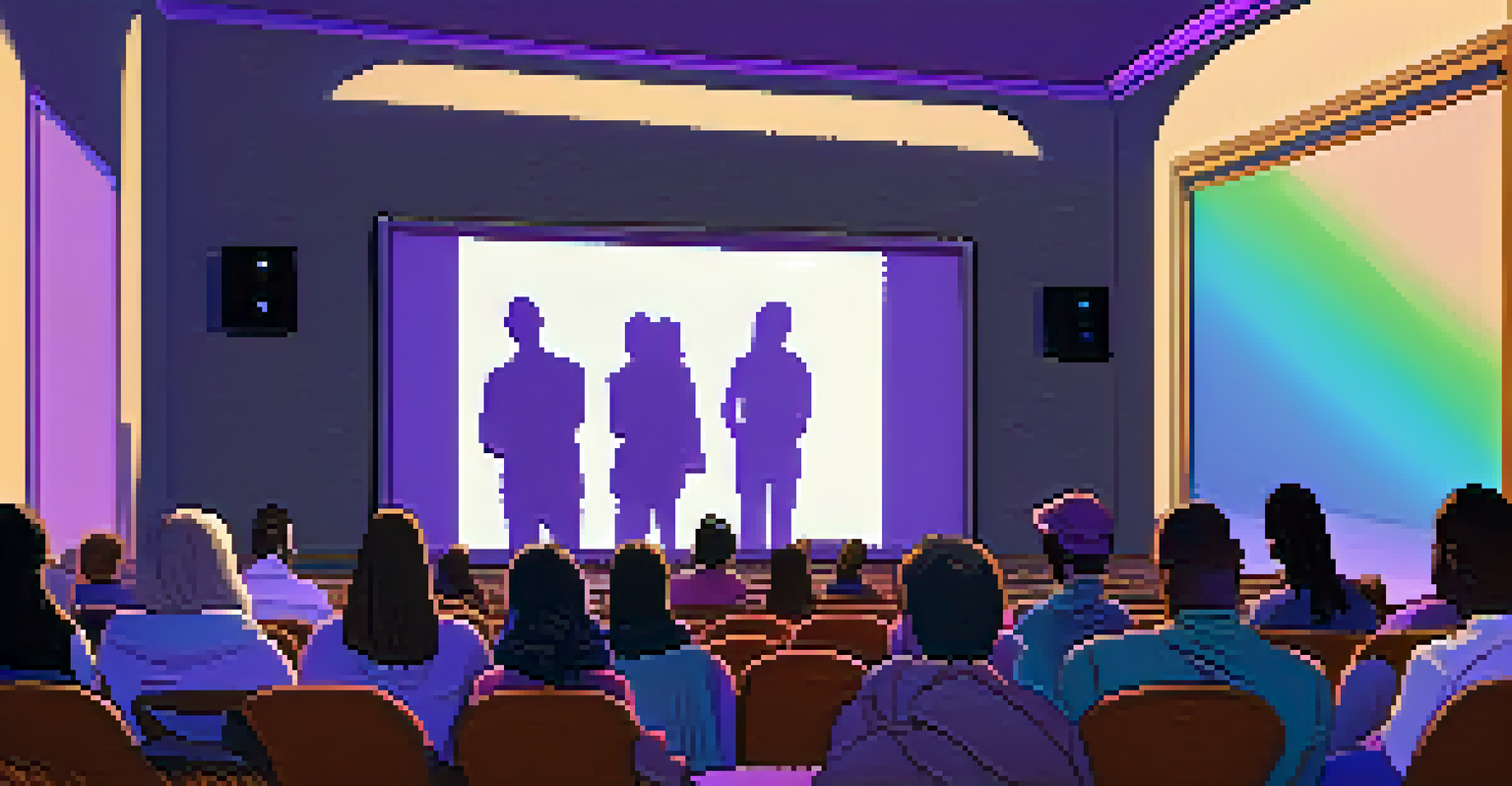 An audience in a dimly lit film screening room, watching a powerful LGBTQ+ film, with emotional reactions displayed on their faces.