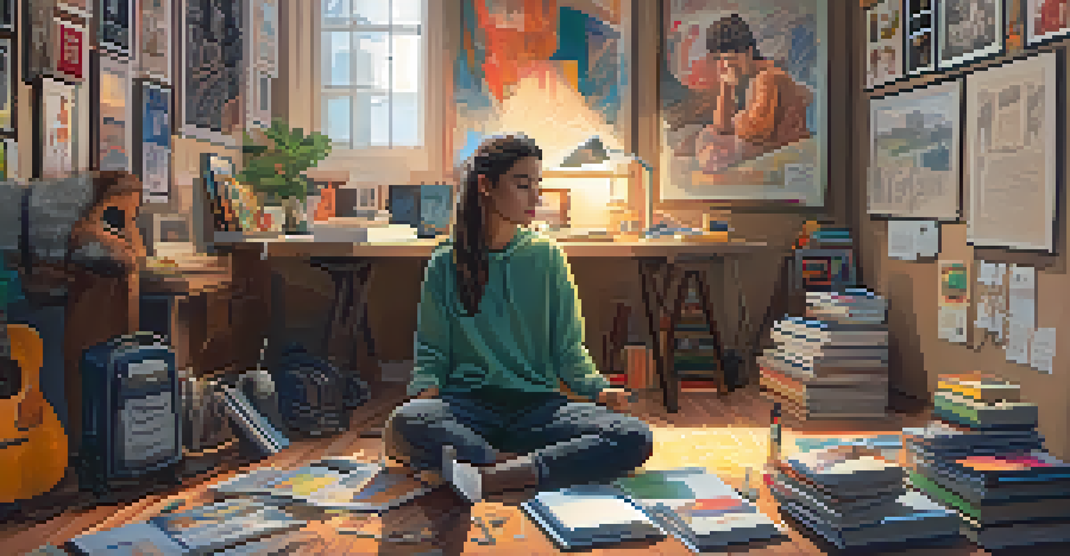 A teenager sitting on the floor in a cozy room, surrounded by celebrity posters and art supplies, sketching a portrait with warm lighting.
