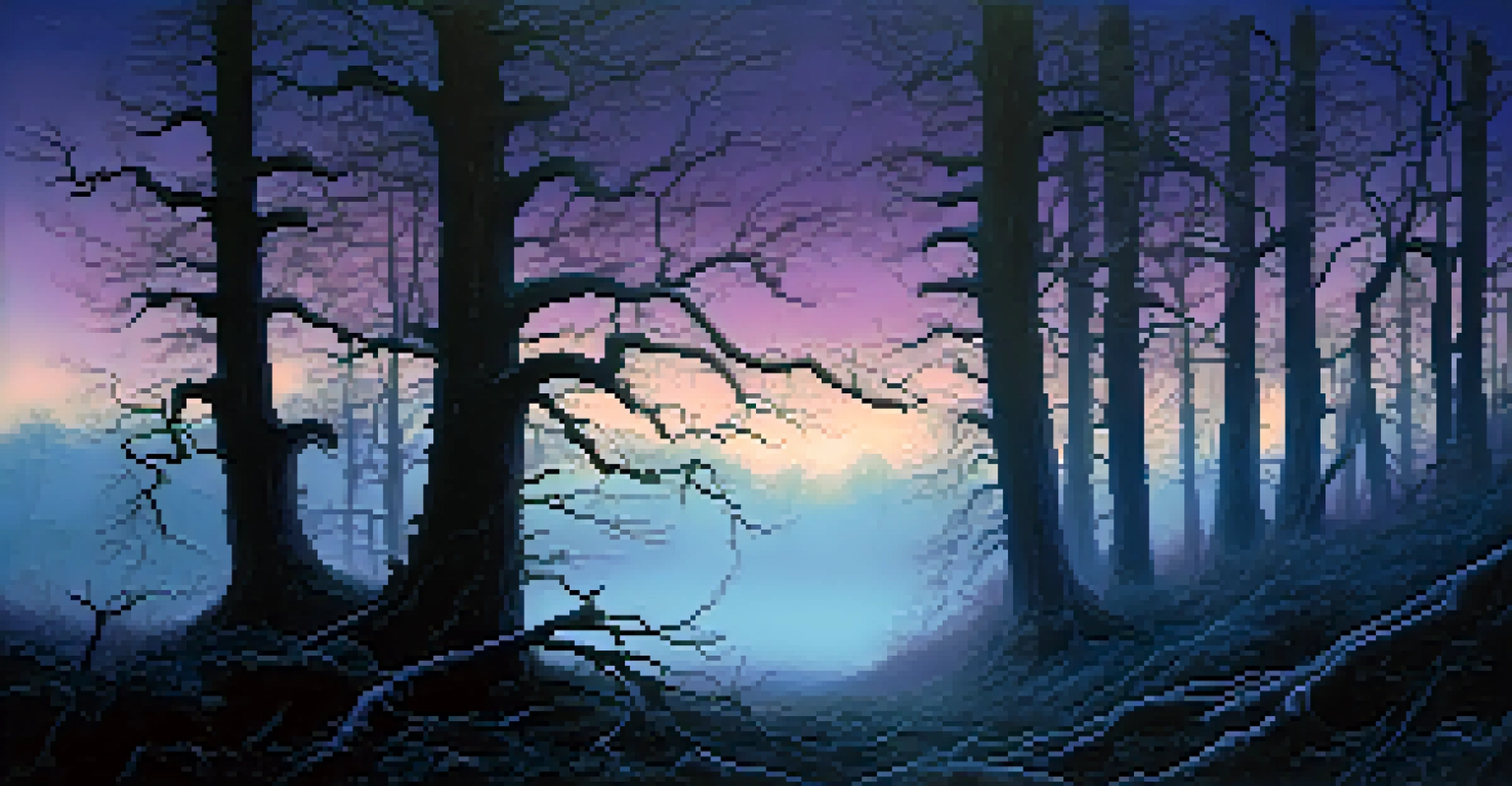 A foggy forest at twilight with tall trees and a faint glow from the forest floor, creating an eerie atmosphere.